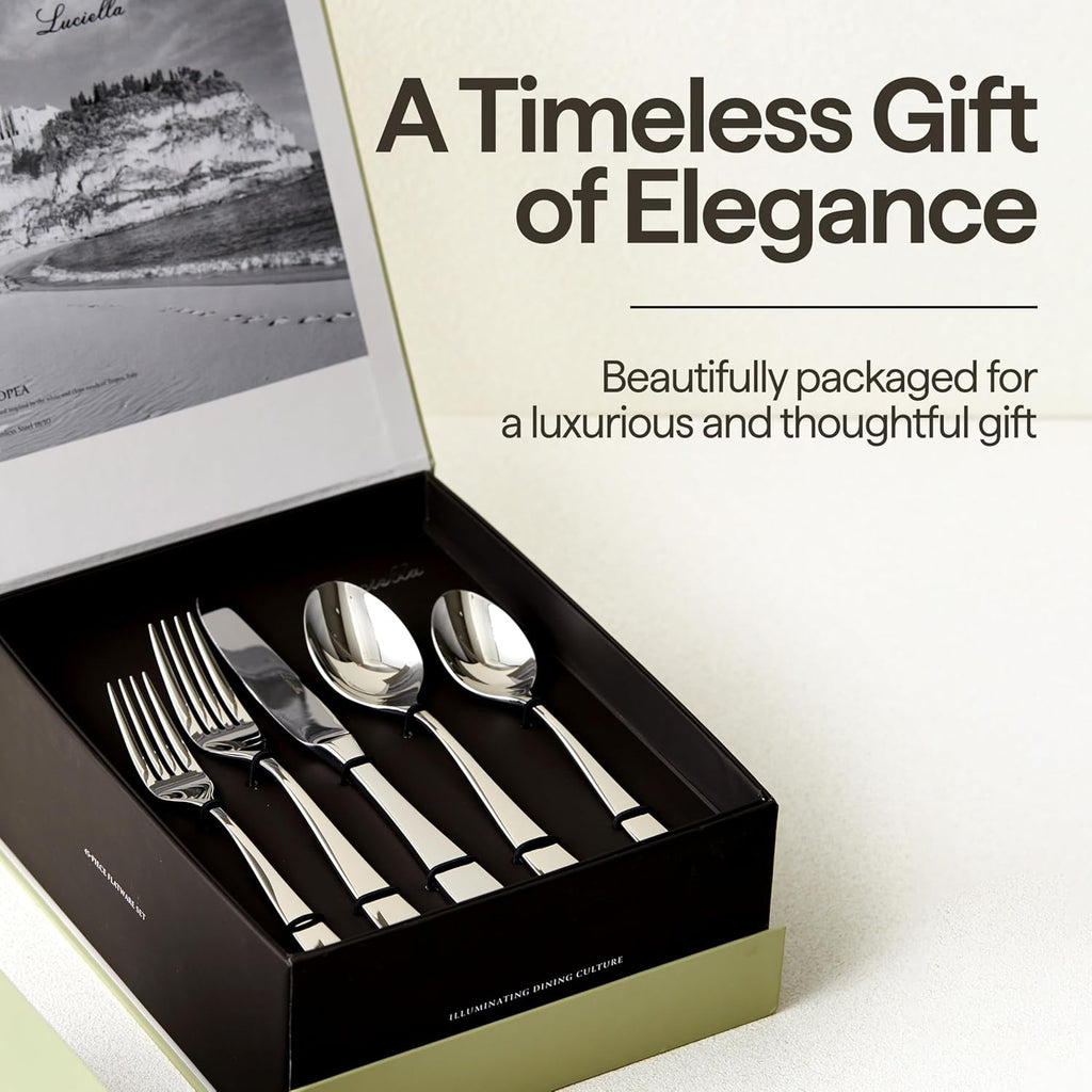 Luciella Tropea Flatware Set for 12, 65-Piece Premium 18/10 Stainless Steel Silverware Set with Serving Utensils, Modern Mirror Finish, Rust Resistant, Dishwasher Safe