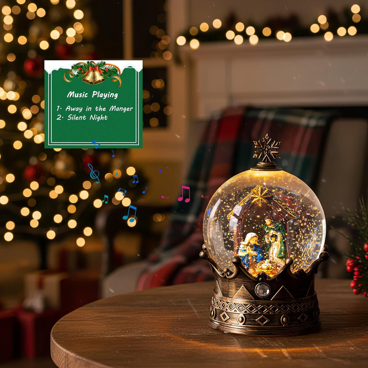 Christmas Snow Globe Lantern Water Glittering Nativity Crown with Music, USB Lined/Battery Operated Lighted Lantern for Christmas Festival Decoration Gifts