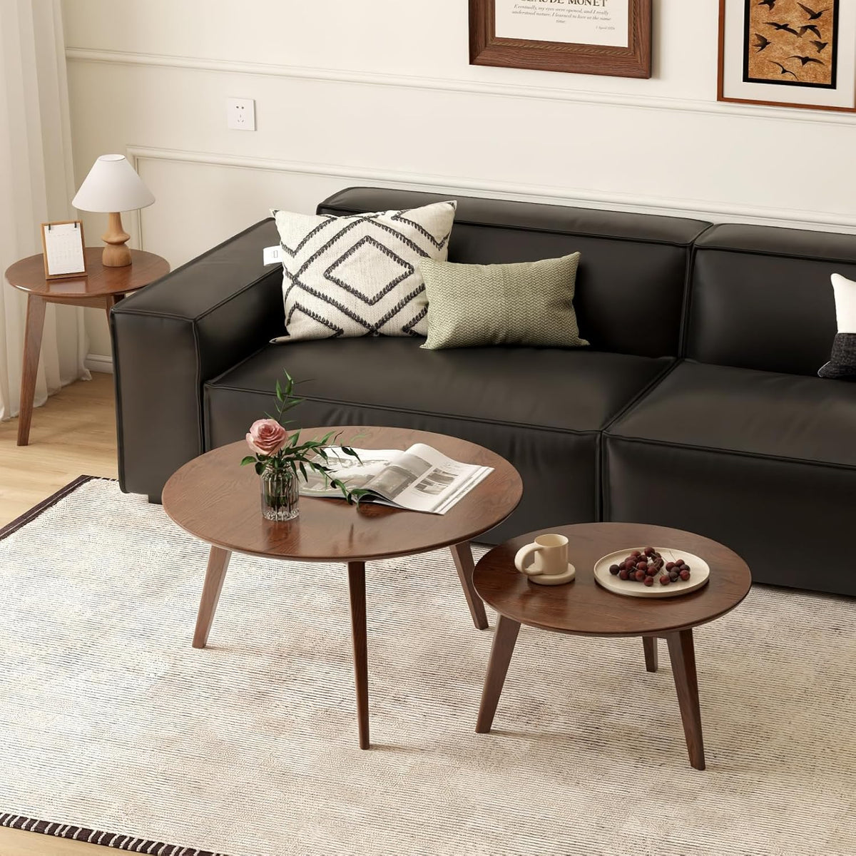 100% Solid Oak Wood Coffee Table Set, Round Coffee Table Combo Side Table w/Solid Wood Legs, Mid Century Table Sturdy Tables for Bedroom Balcony Living Room (Walnut, 3 Pieces)