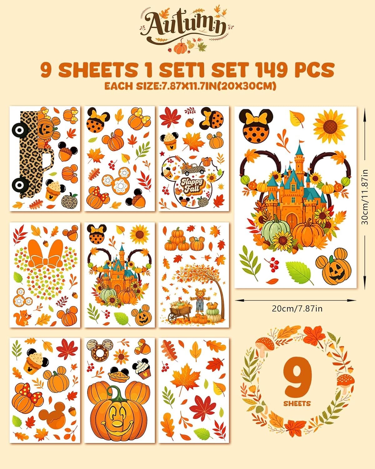 Fall Window Clings - 9 Sheets 149 Pcs Fall Decorations for Autumn Thanksgiving Harvest Home Party, Pumpkin Leaves Car Maple Castle Acorns Stickers for Glass, Double-Sided Static Window Decals