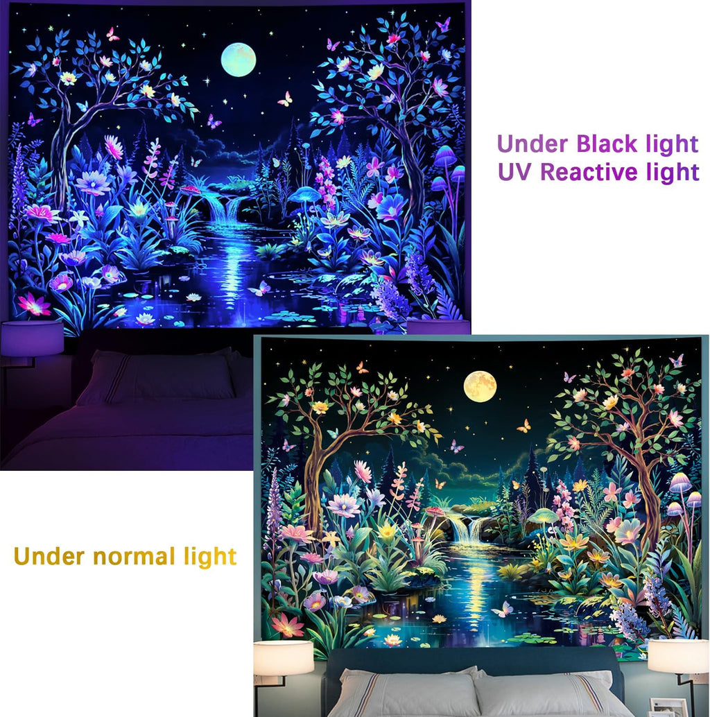Serborlur Blacklight Fantasy Forest Tree Tapestry UV Reactive Floral Plant Tapestries Trippy Moon Butterfly Wall Art Decor Nature Landscape Wall Hanging for Bedroom
