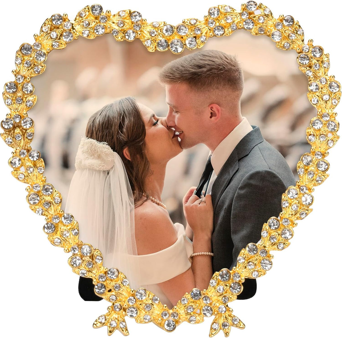 Heart Shaped Wedding Picture Frames for Couple - Beaded Crystal 4x4 Picture Frame – Engagement Gift, Wedding Gift for newlyweds - Fits 3.5x3.5 photo - Valentine Picture Frame (Golden)