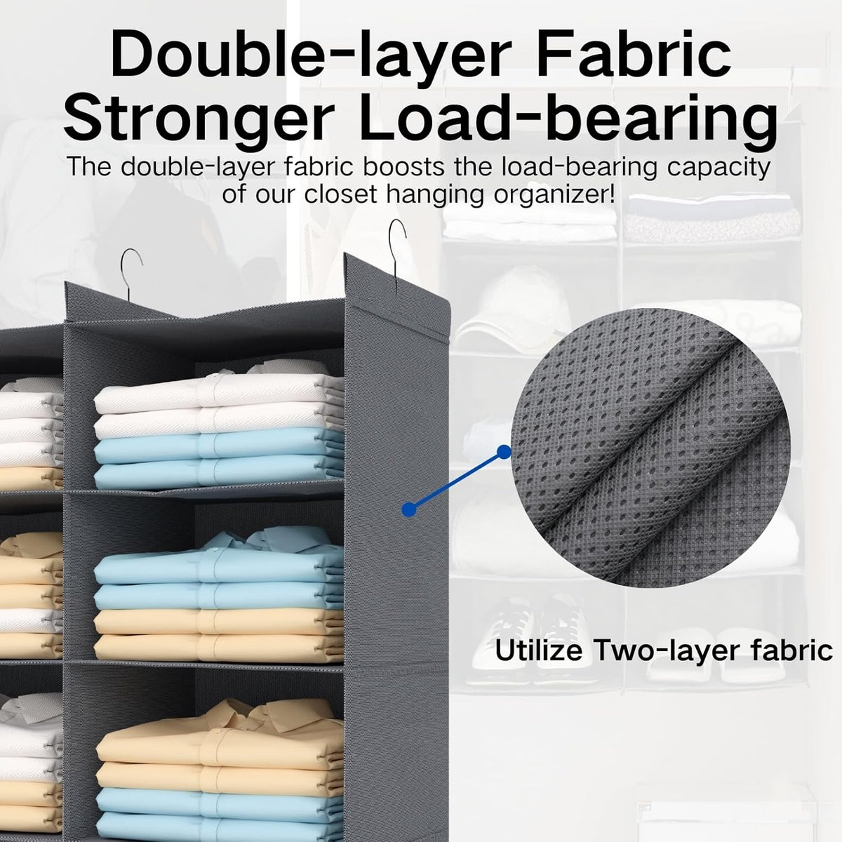 4 Tier Shelf Hanging Closet Organizer, Dual-Row 8 Pocket Cloth Hanging Shelf with 3 Sturdy Hooks for Storage, Foldable (Grey)