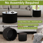 Round Nesting Coffee Table Modern Black Fluted Coffee Table Set of 2 for Living Room Circle Drum Coffee Tables Round Nesting Tables Crescent Side Accent End Table for Small Space (Black A 27in)
