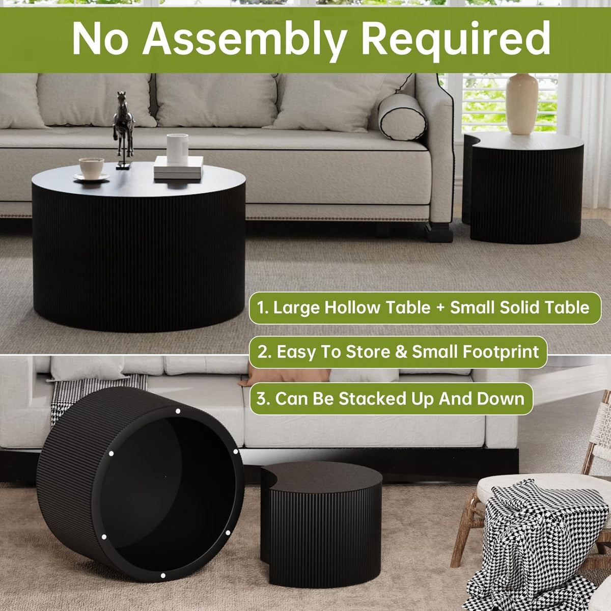 Round Nesting Coffee Table Modern Black Fluted Coffee Table Set of 2 for Living Room Circle Drum Coffee Tables Round Nesting Tables Crescent Side Accent End Table for Small Space (Black A 27in)