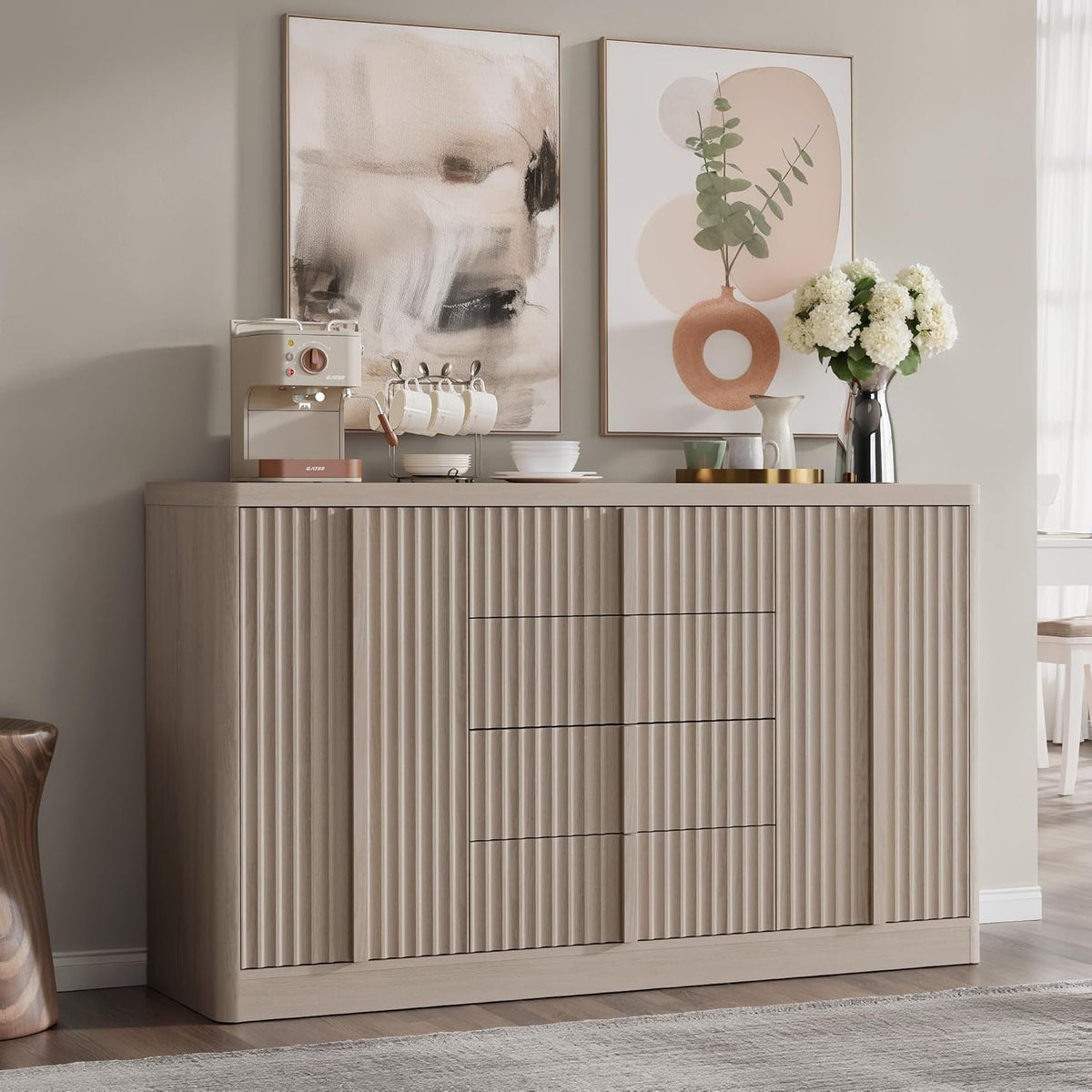 Buffet Cabinet with Storage, 60" Fluted Coffee Bar Cabinet with 4 Drawers & 2 Doors, Solid Wood Handle, Credenza Accent Storage Cabinet for Kitchen Living Dining Room, Natural Oak(1PCS)