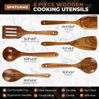 SPATUAMZ Wooden Cooking Spoons, Ladle and Spatula, Fine Polished Teak Wood Cooking Utensils Set of 6, Nonstick Wooden Kitchen Spoon & Spatula Set