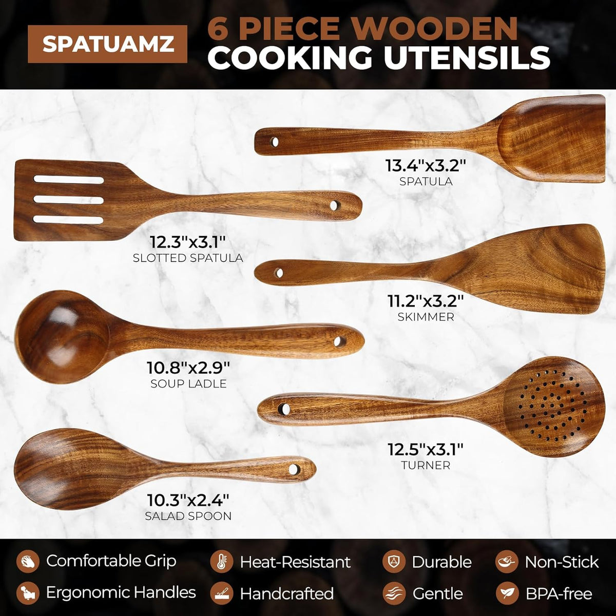 SPATUAMZ Wooden Cooking Spoons, Ladle and Spatula, Fine Polished Teak Wood Cooking Utensils Set of 6, Nonstick Wooden Kitchen Spoon & Spatula Set