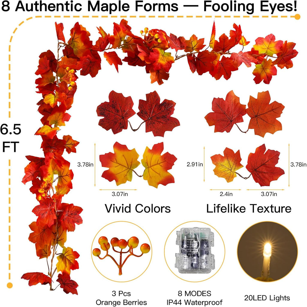 suddus Fall Garland with Lights Battery Operated, 20 LED Lighted Orange Fall Leaf Garland, Fairy String Lights with Remote for Thanksgiving, Table, Mantle, Office, Porch, Halloween, Home Decoration