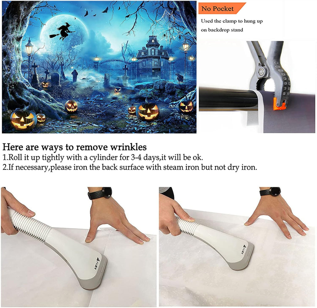 Avezano Halloween Photography Backdrop Full Moon Scary Night Castle Pumpkins Party Background Spooky Witch Bats Cemetery Child Kids Halloween Party Decorations Photoshoot Backdrops (8x6ft, Blue)
