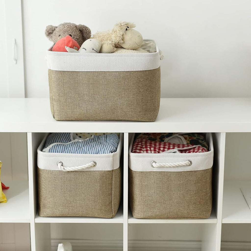 TheWarmHome Organization and Storage Basket for Gifts Empty - 16x12x12 inch Cube Storage bin 3 Pack Fabric Storage Cubes, Collapsible Baskets for Organizer Closet Cloth Gift Toy (White & Khaki)