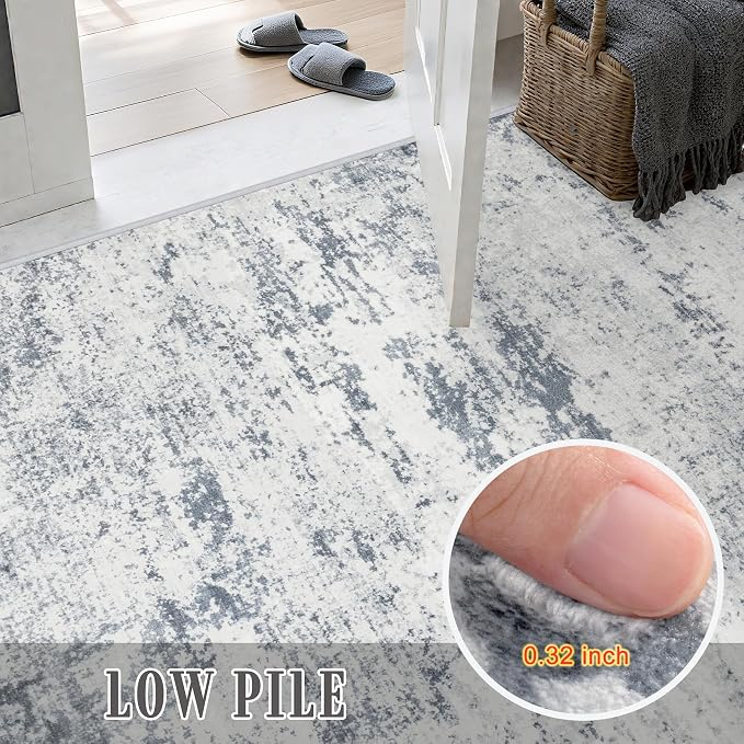 2.6x8 Washable Runner Rug：Modern Abstract Soft Carpet Blue Grey | - Image 7