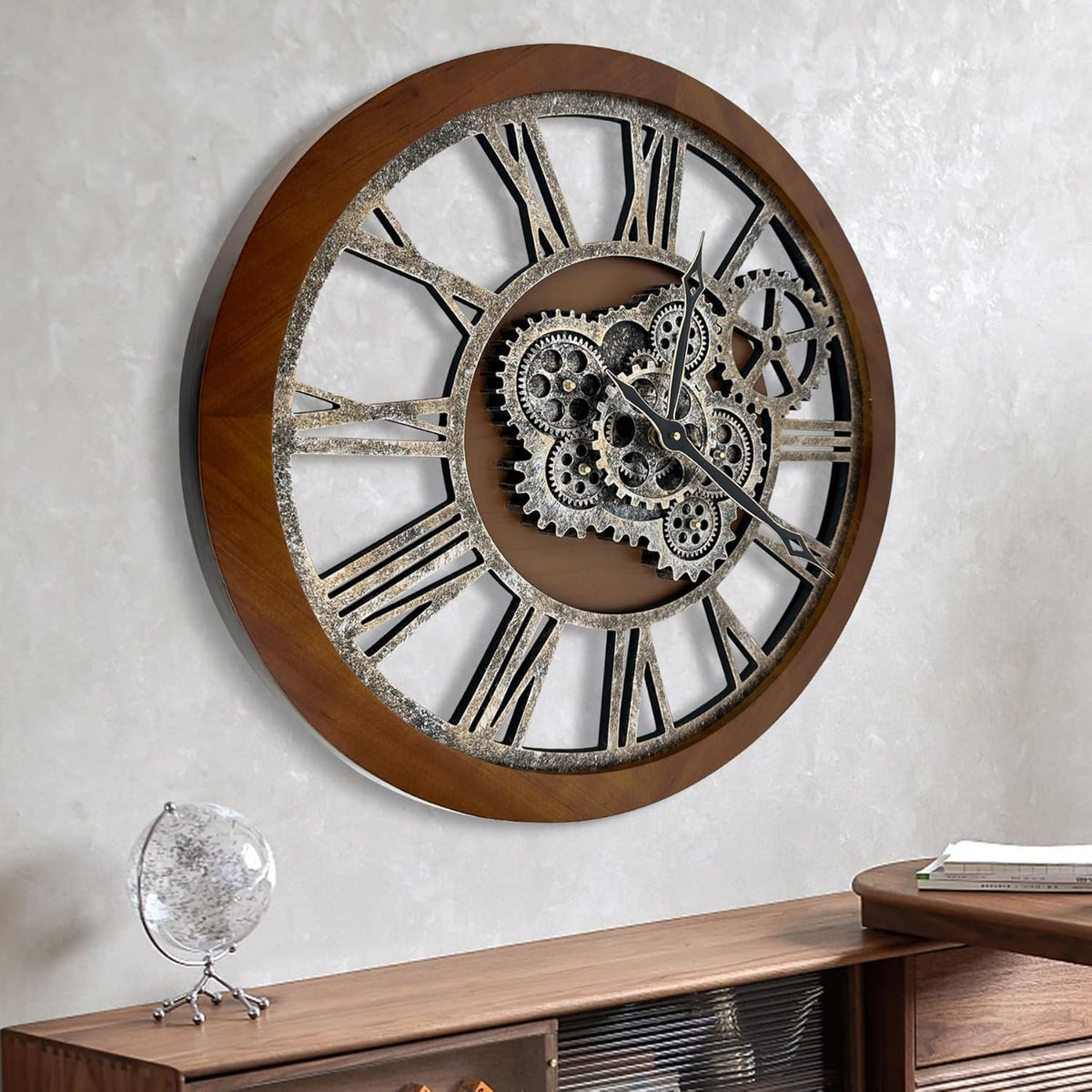 HOIBAI Clocks for Living Room Decor, Large Wall Clock 24 in (60cm) Clocks Wall Decor, Moving Gear Wall Clock, Farmhouse Vintage Industrial Oversized