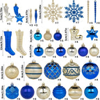 150Pcs Christmas Ball Ornaments Set, Assorted Bauble Ornaments for Xmas Tree, Shatterproof Plastic Hanging Decor for Home/Indoor/Outdoor/Festival/Party (Blue & Gold)