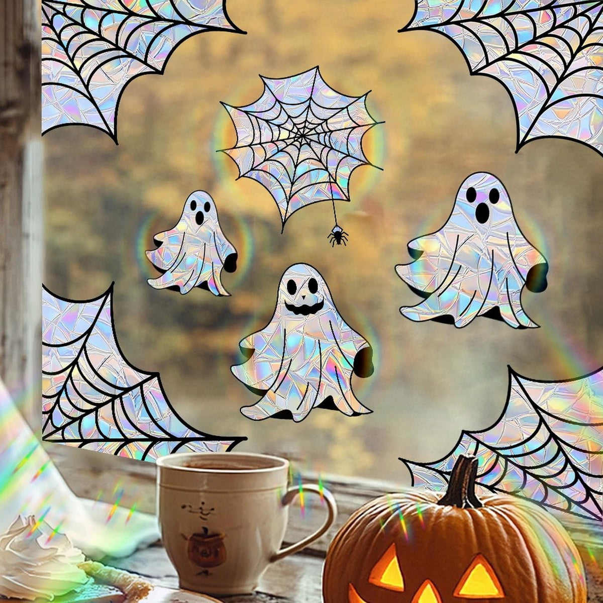 Halloween Window Clings for Glass Fall Static Cling Window Decals 9PCS Cute Ghost Pumpkin Mummy Spider Autumn Reusable Window Stickers Home School Office Decorations