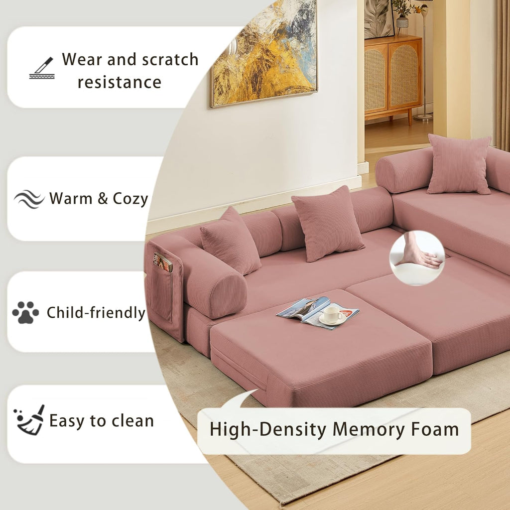 107" Oversized Convertible Sleeper Sofa Bed, Corduroy L Shape Sectional Couch, Folding Sofa Bed with Side Pocket, Modern Cloud Floor Mattress Couch, Modular Sofa for Living Room, Pink