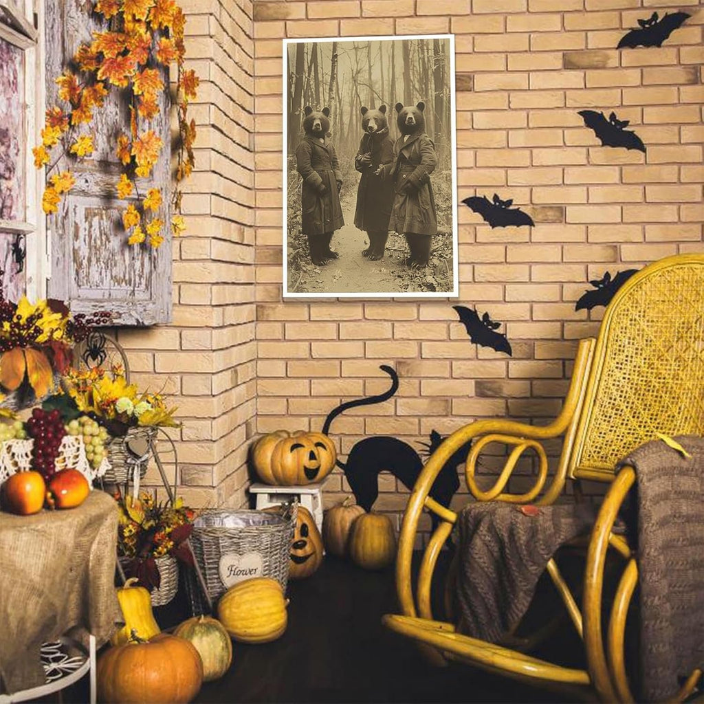 Vintage Horror Halloween Wall Decor Spooky The Three Bears In Occult Forest Spooky Canvas Wall Art Poster Gothic Dark Academia Decorations Room Creepy Print 24X36inch Unframed