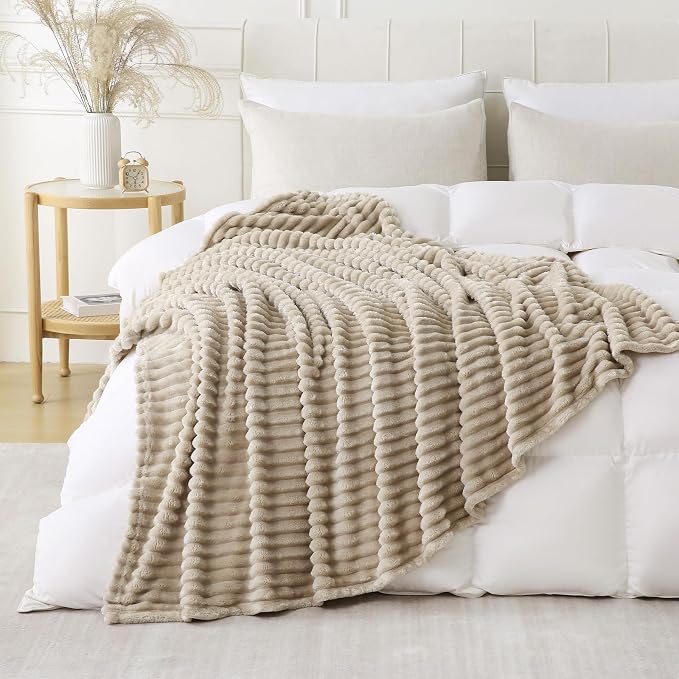 Khaki Throw Blanket for Couch Sofa 108x90 inches Striped Design | Fleece - Image 2