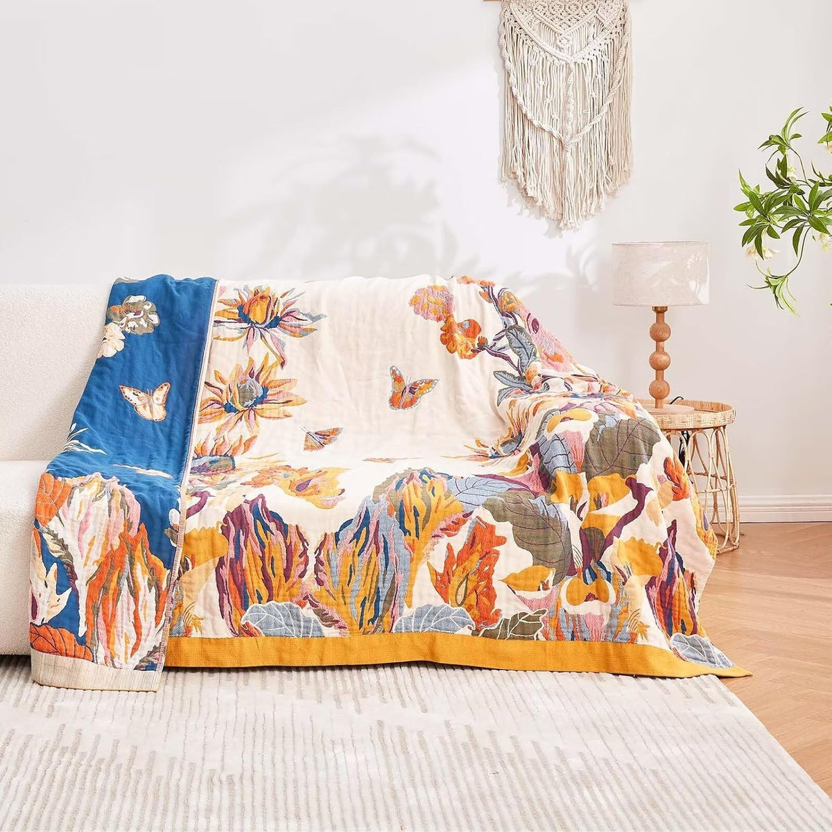 Boho Throw Blanket, 100% Cotton Ultra Soft Luxury Throw Rustic Quilt, 80"x90" Floral Bird Butterfly Farmhouse Decor Bed Blankets, All Season Rustic Reversible Bohemian Throw for Bed - Yellow