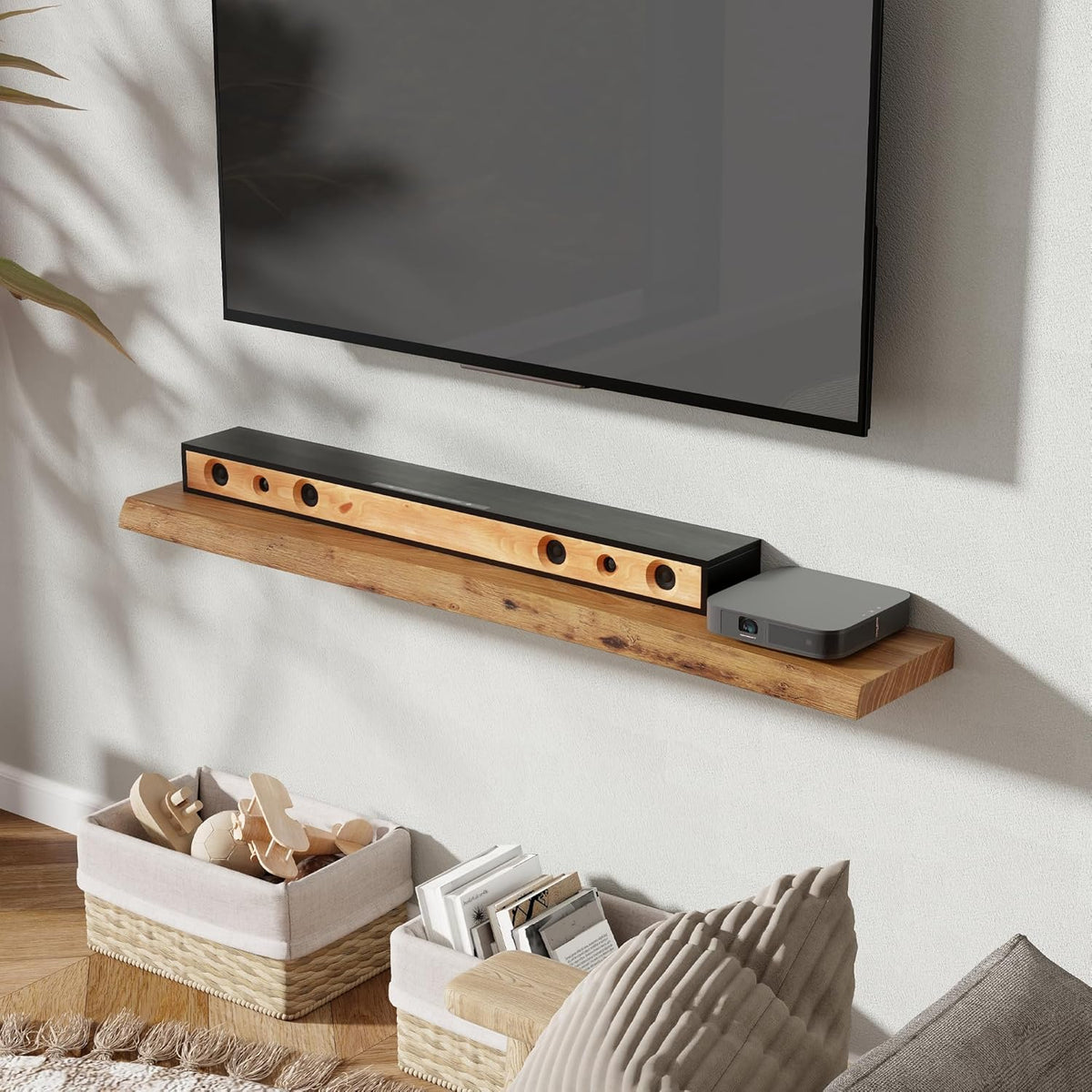 Fun Memories 48" Floating Shelves for Wall, Live Edge Solid Elm Wood Floating Shelf with Invisible Bracket, Wall Mounted Display Wooden Shelves for Bathroom, Kitchen, Bedroom, Natural Color, Set of 1
