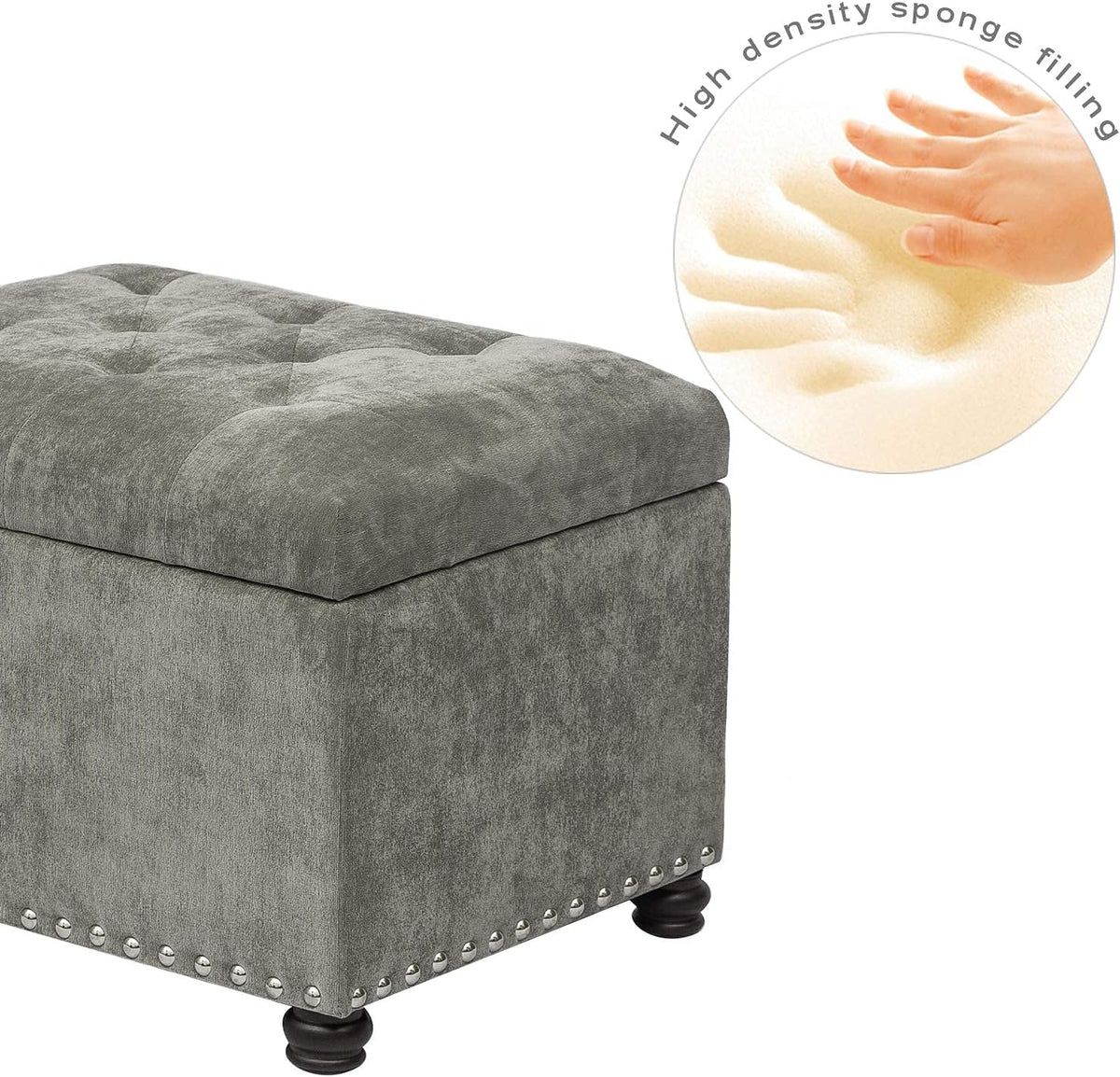 Joveco Storage Ottoman Foot Rest Stool, 24" Velvet Footstool Bench for Living Room Bedroom, Light Grey