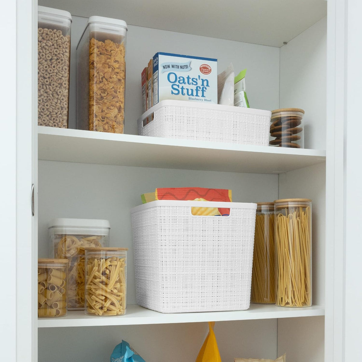 Curver Jute Decorative Plastic Organization and Storage Basket Perfect Bins for Home Office, Closet Shelves, Kitchen Pantry and All Bedroom Essentials, White, Large Cube, Set of 4