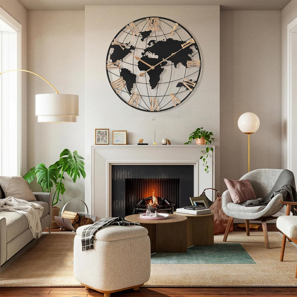 20 Inch Large Wall Clock for Living Room Decor,Big Modern Decorative Silent World Map Metal Wall Clock with Vintage Gold Roman Numeral for Office,Living Room,Kitchen,Dining Room