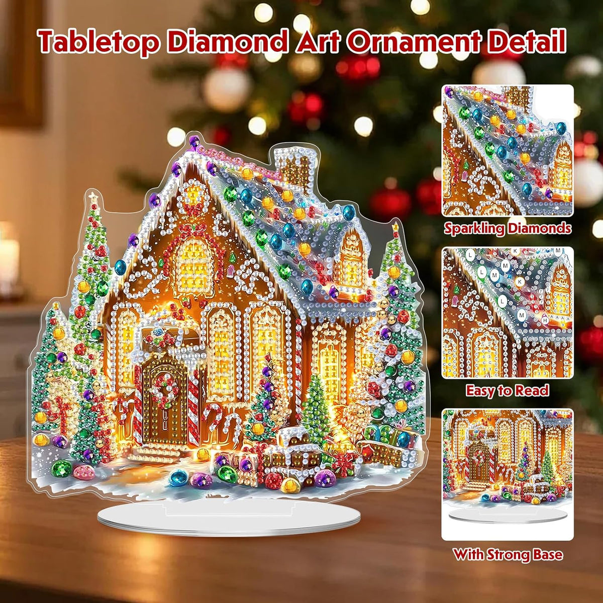 MEIYUDA Christmas Diamond Art Tabletop Kits, Christmas House Diamond Art Painting Desktop Ornaments for Adult, DIY Special Shaped Crystal Desk Placement Ornament for Home Office Decor Crafts Gift