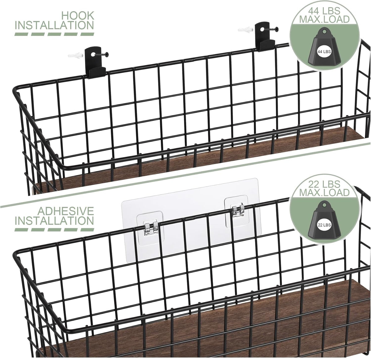 Wall Hanging Baskets 3 Pack, Extra Large Diversified Wire Basket Shelves of Wooden Style, with Wall Mounted Hooks & Traceless Stickers, for Kitchen Coffee Bar Office Room Garage Storage Organization