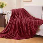 BEDELITE Ribbed Jacquard Burgundy Fleece Twin Blanket - Image 2