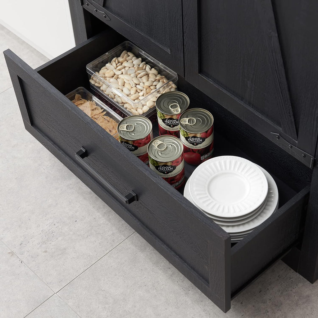 72" Tall Wood Storage Cabinet, Farmhouse Kitchen Pantry Cabinet with Adjustable Shelves & Drawer & Barn Doors, Versatile Storage for Kitchen, Dining Room, Bathroom, Black