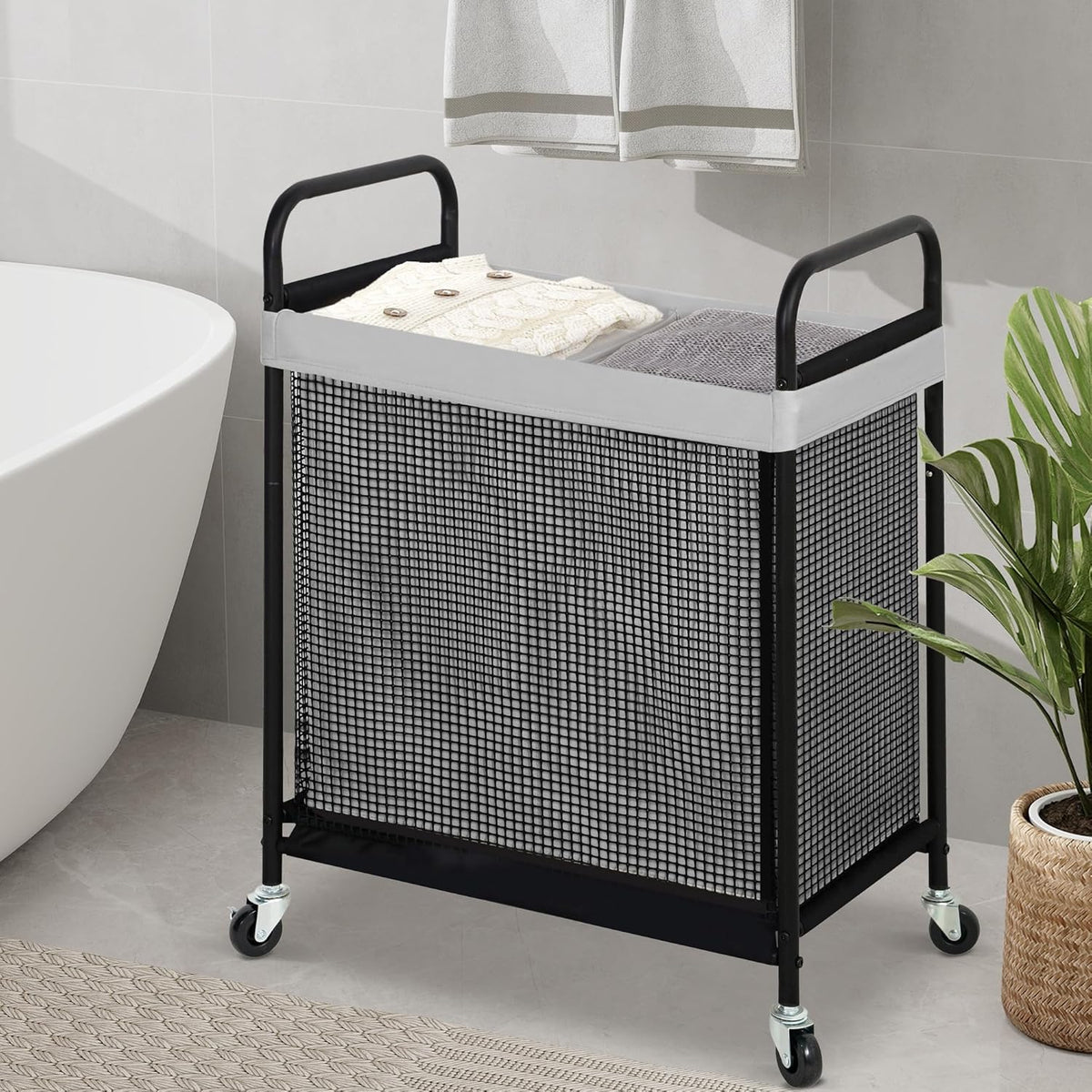 STO STO Laundry Hamper 2 Section, 100L Rolling Laundry Sorter Cart with Removable and Washable Liner Bag, Rolling Clothes Hamper with Metal Handle for Laundry Room and Bedroom, Gray