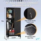 Metal Garage Storage Cabinet, 75” Cleaning Tool Cabinet with Hooks and Hanging Rods, Heavy Duty Garden Tool Organizer, Broom Cabinets for Home, Garage, Laundry Room, Gym, Workshop