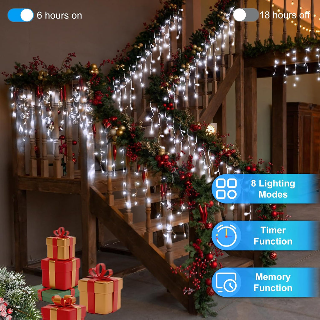 1296LED Christmas Lights with 288 Drops, 131ft 8 Modes Christmas String Lights Outdoor, Waterproof Christmas Decorations Fairy Lights with Timer Memory for Xmas Party Patio Fence Tree Cool White
