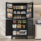 75" H Metal Storage Cabinet, Pantry with 6 Door Shelves and 4 Adjustable Shelves, Leveling Foot for Kitchen, Living Room and Dinning Room, Black