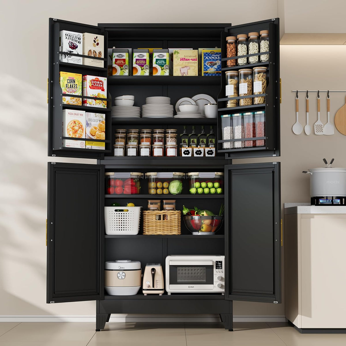 75" H Metal Storage Cabinet, Pantry with 6 Door Shelves and 4 Adjustable Shelves, Leveling Foot for Kitchen, Living Room and Dinning Room, Black