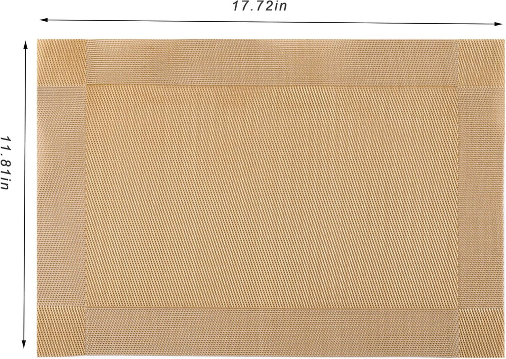 CADONO Placemats Set of 6 Washable Indoor/Outdoor Vinyl Place Mats for Dining Table Durable Non-Slip Heat Resistant PVC Weave Table Mats（Gold Cube）