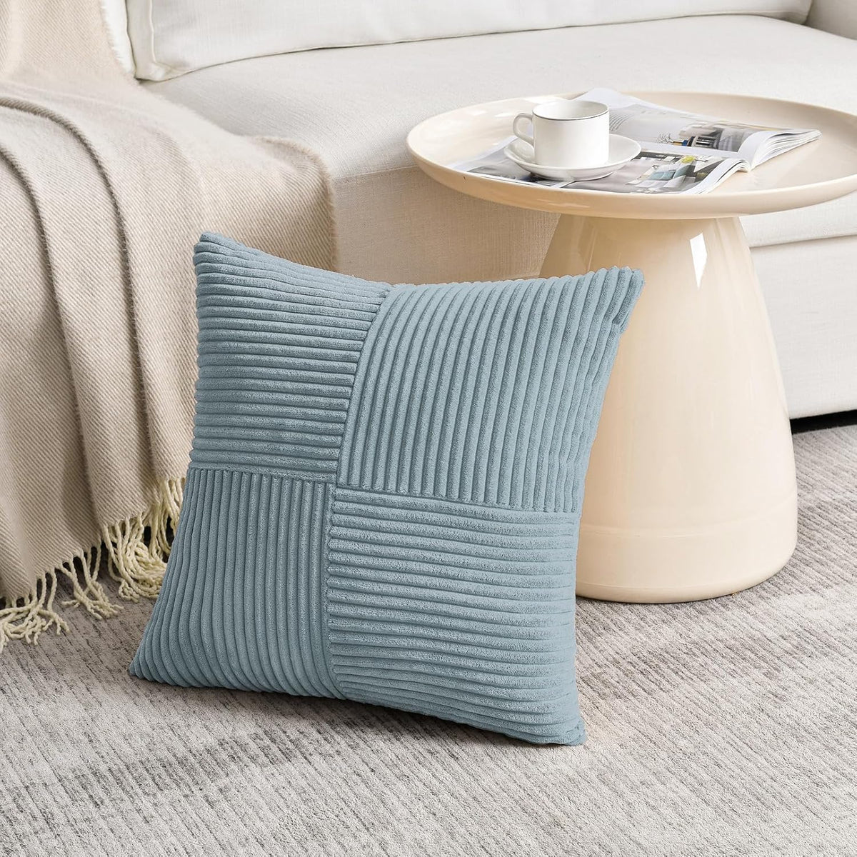 Fancy Homi Set of 2 Light Blue Euro Decorative Throw Pillow Covers 28x28 Inch for Bedroom Couch Bed, Farmhouse Boho Home Decor, Soft Cross Corduroy Patchwork Textured Square Cushion Case 71x71 cm
