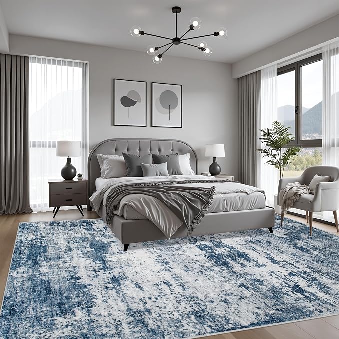 5x7 Area Rug Living Room: Modern Washable Indoor Soft Carpet Blue | - Image 4