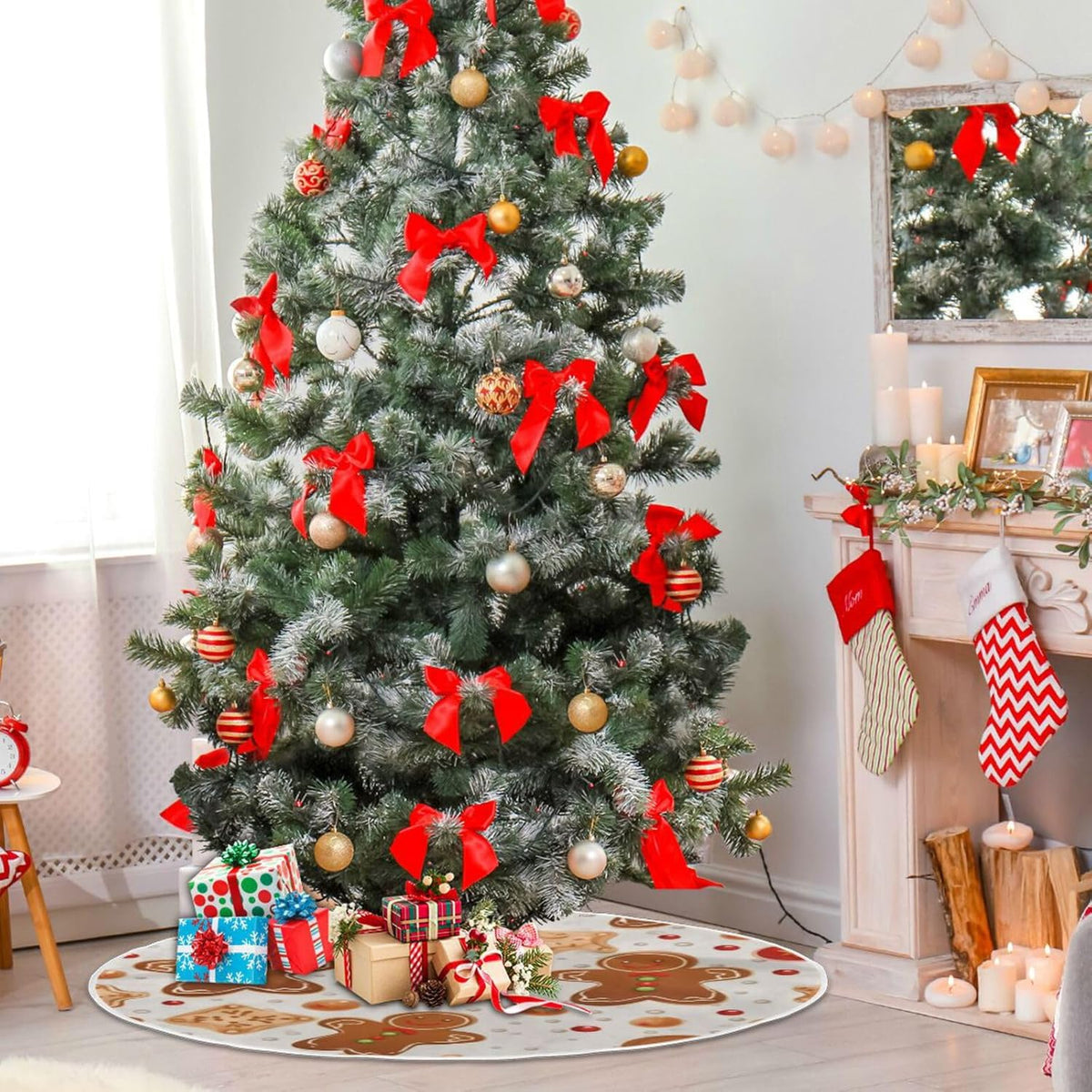 Gingerbread Christmas Tree Skirt - 48 Inch Xmas Tree Mat for New Year Party Decorations
