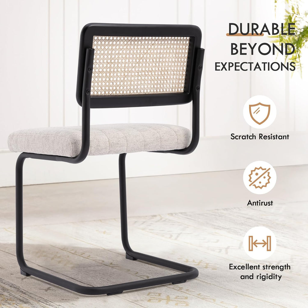 Natural Rattan Dining Chairs Set of 4, Modern Kitchen Chairs with Solid Wood Back, Upholstered Cesca Side Chairs with Comfy Linen Cushion