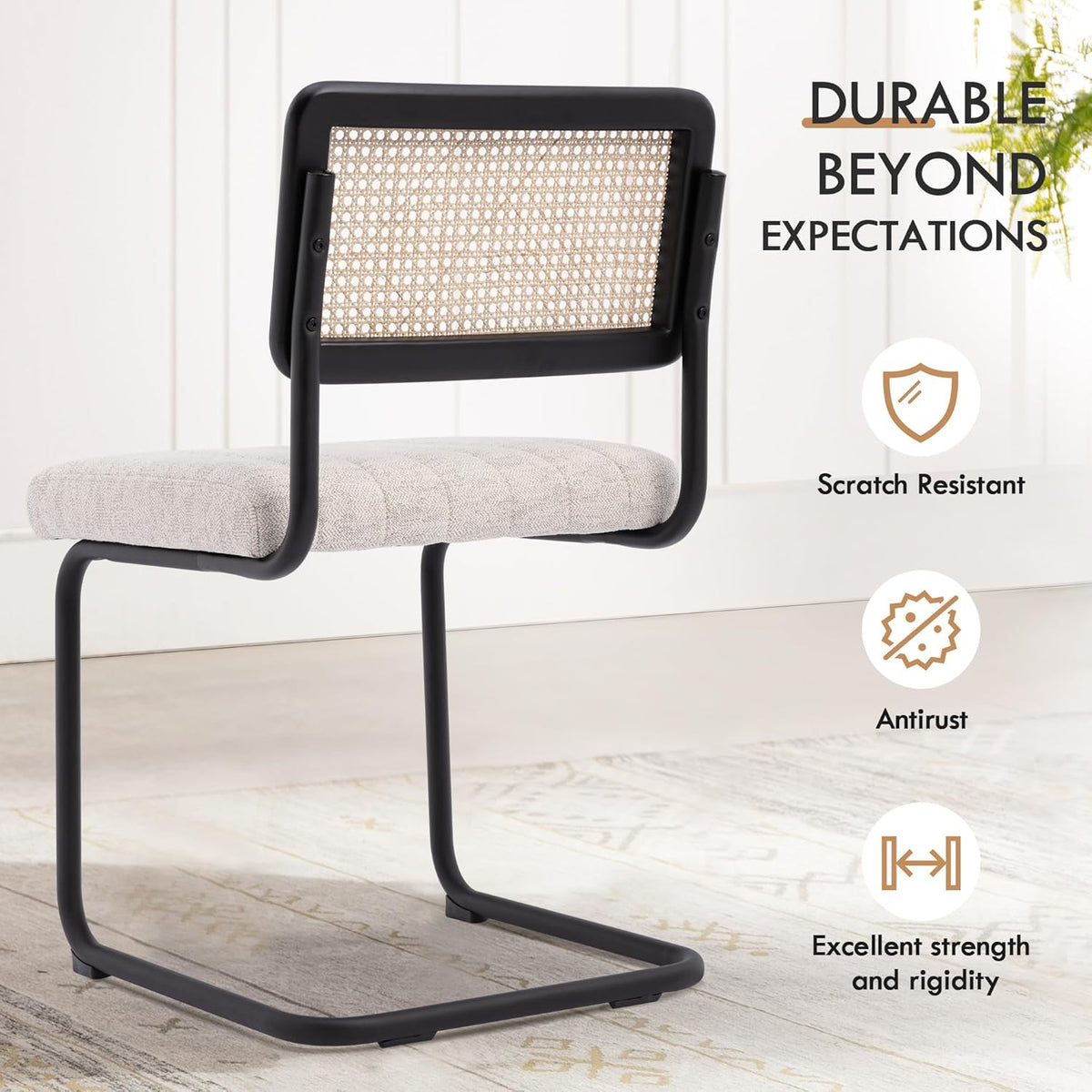 Natural Rattan Dining Chairs Set of 2, Modern Kitchen Chairs with Solid Wood Back, Upholstered Cesca Side Chairs with Comfy Linen Cushion