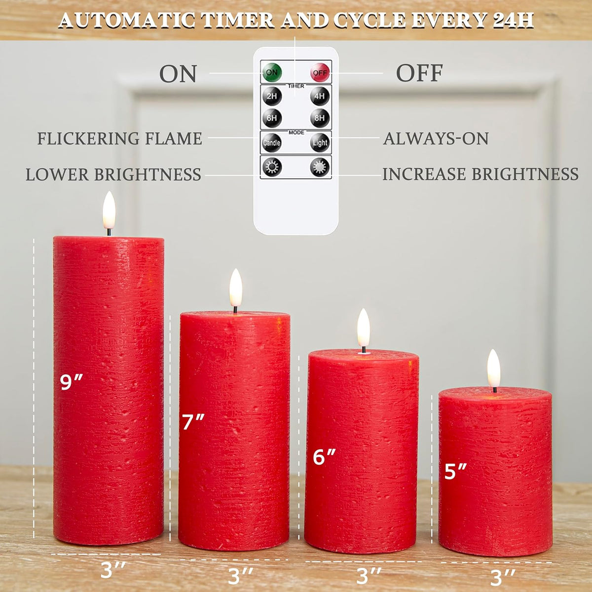 LUSHABOR Flameless Candles, 4 Pack Battery Operated Candles with Remote, Real Wax LED Fake Candles with Timer Flickering for Christmas Wedding Home Party D3 H 5" 6" 7" 9" Red