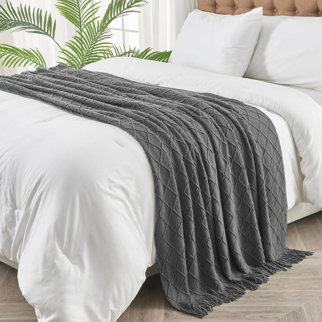 inhand Grey Throw Blanket for Couch and Bed, Soft Living Room Home Decor Knitted Blanket with Tassel, Outdoor Lightweight Breathable Summer Blanket, Farmhouse Warm Woven Decorative, 50"x60"