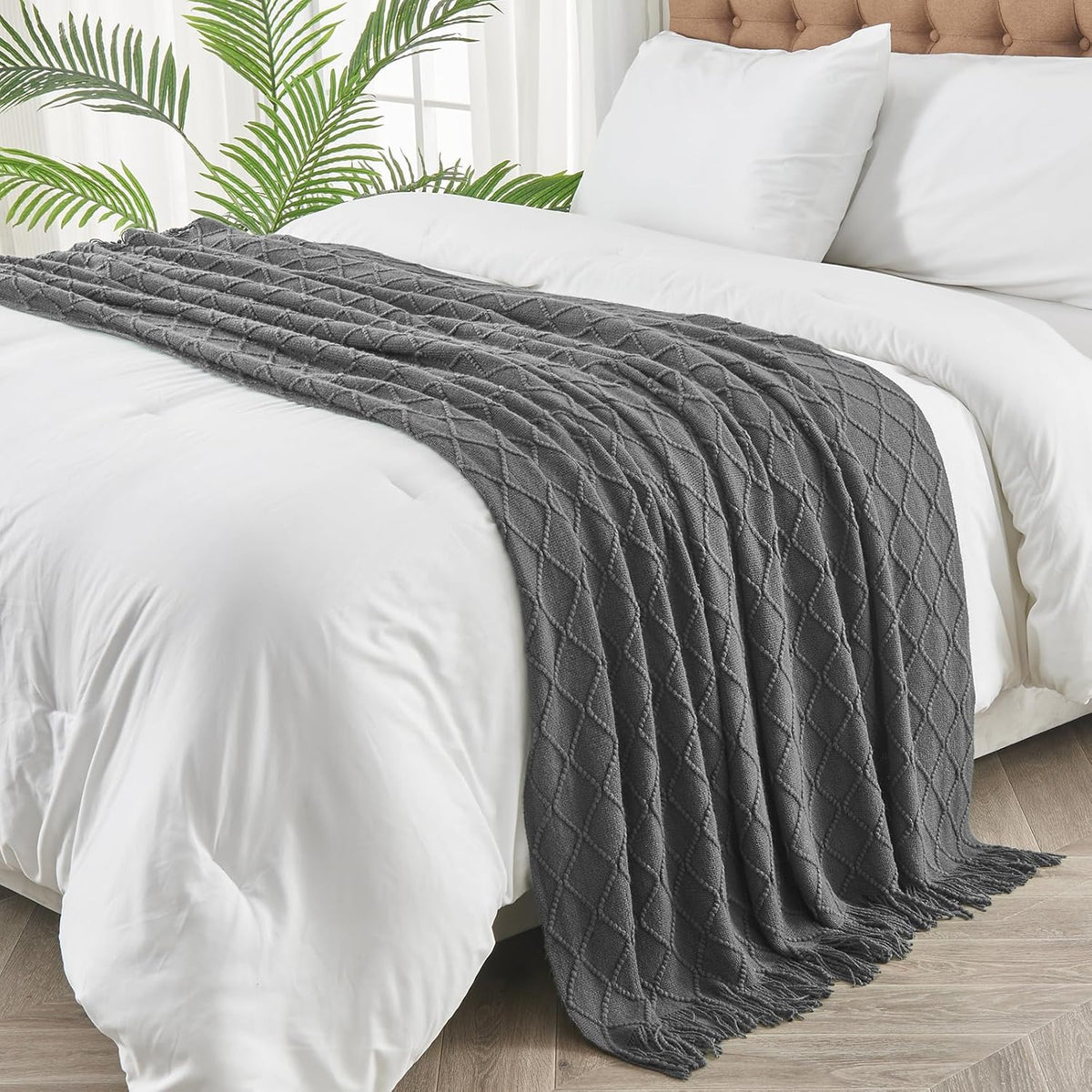 inhand Grey Throw Blanket for Couch and Bed, Soft Living Room Home Decor Knitted Blanket with Tassel, Outdoor Lightweight Breathable Summer Blanket, Farmhouse Warm Woven Decorative, 50"x60"