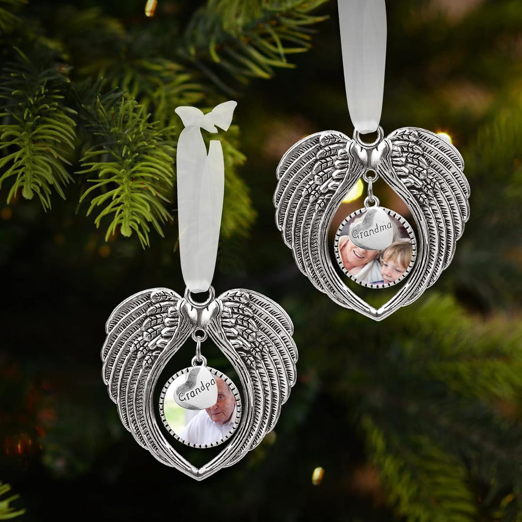 Christmas Ornaments Angel Wings with Custom Photo Frame for Loss of Loved One Remembrance Keepsake with Silk Ribbon & Red Gift Box