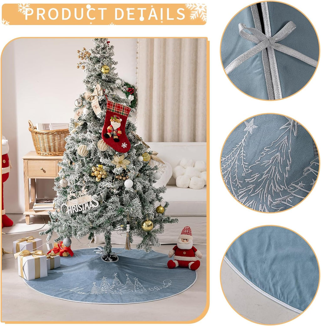 CROWNED BEAUTY Christmas Tree Skirt Blue Velvet Collar 50 Inch Embroidered Silver Pine Trees Soft Plush Fur Holiday Decoration (Blue) TS42-50