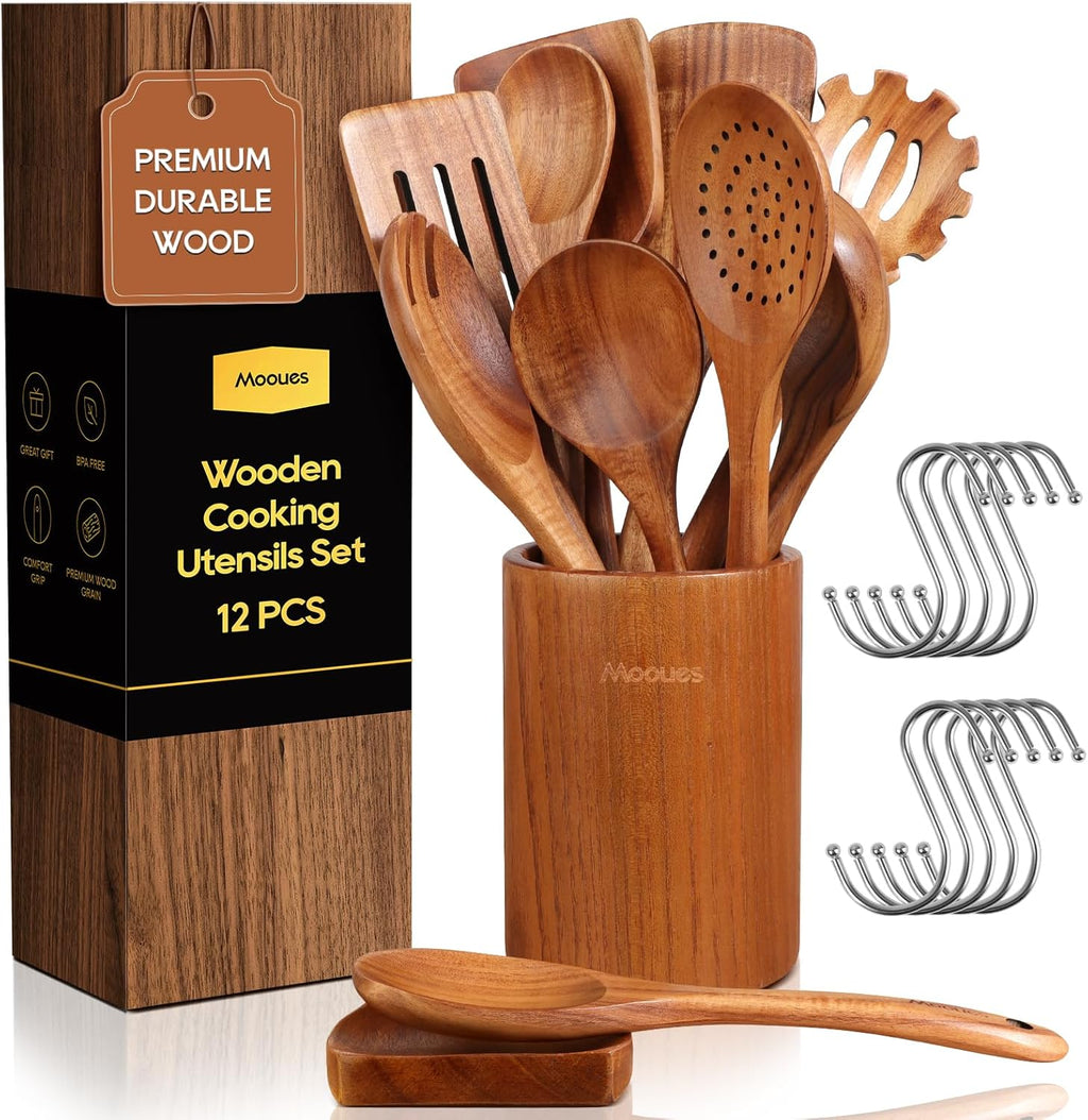 Wooden Spoons for Cooking, 12PCS Teak Wooden Kitchen Utensil Set with Spoon Rest - Smooth Finish, Non-Stick, Comfortable Grip, Heat Resistant Cooking Utensils Set