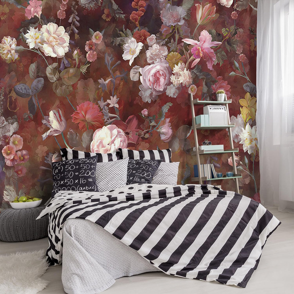 -Vintage Roses Floral Fabric Wallpaper Living Room Bedroom Bathroom Flowers Wall Mural- 91"x65"（ not Peel and Stick）