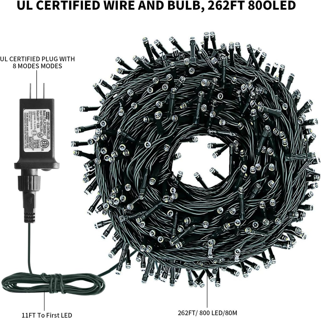 XTF2015 262FT 800 LED Christmas String Lights, Christmas Lights Plug 8 Modes Memory Function with Timer, UL Certified Outdoor Indoor Fairy Light Christmas Tree, Patio, Party (Multicolor)